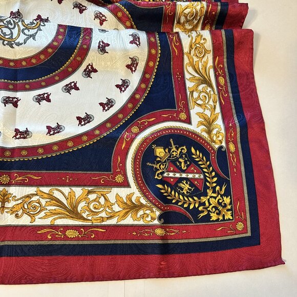 Vintage Womens Scarf Regal Heraldic Design Crests Red Navy Gold Korea 31 in - Picture 11 of 11